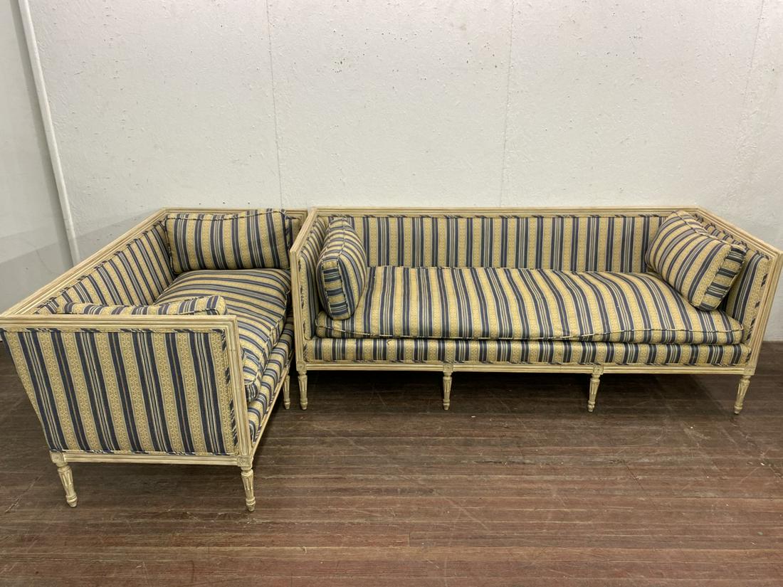 Louis XVI Style French Sofas: Two (2) Louis XVI style French sofas. Sofa and loveseat both newly reupolstered and cushions being down filled. Near mint condition Ready to use. Dimensions:Large Couch: 32 1/2” x 84” x 31
