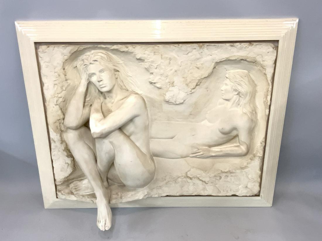 Bill Mack (American b. 1944) Reflections Sculpture: Bill Mack (American b. 1944) Titled: Reflections Plaster Sculpture. Three-Dimensions wall art sculpture. Hand signed lower right. Dimensions: 47 1/2 x 60” Condition: Discoloration/finish wear no