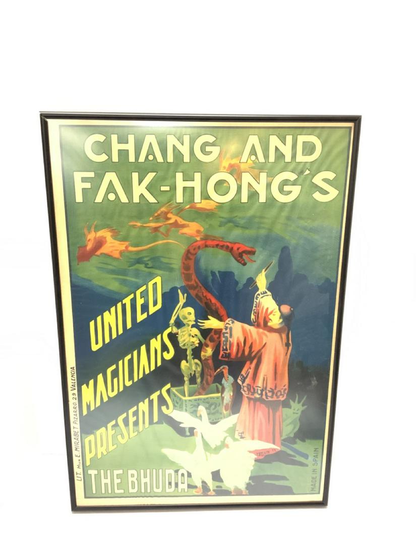 Chinese The Bhuda Poster: Vintage Poster Chang and Fak-Hong’s United Magicians Presents The Bhuda Framed Dimensions: 25 1/4” x 17 1/2” Some minor waviness of poster noted