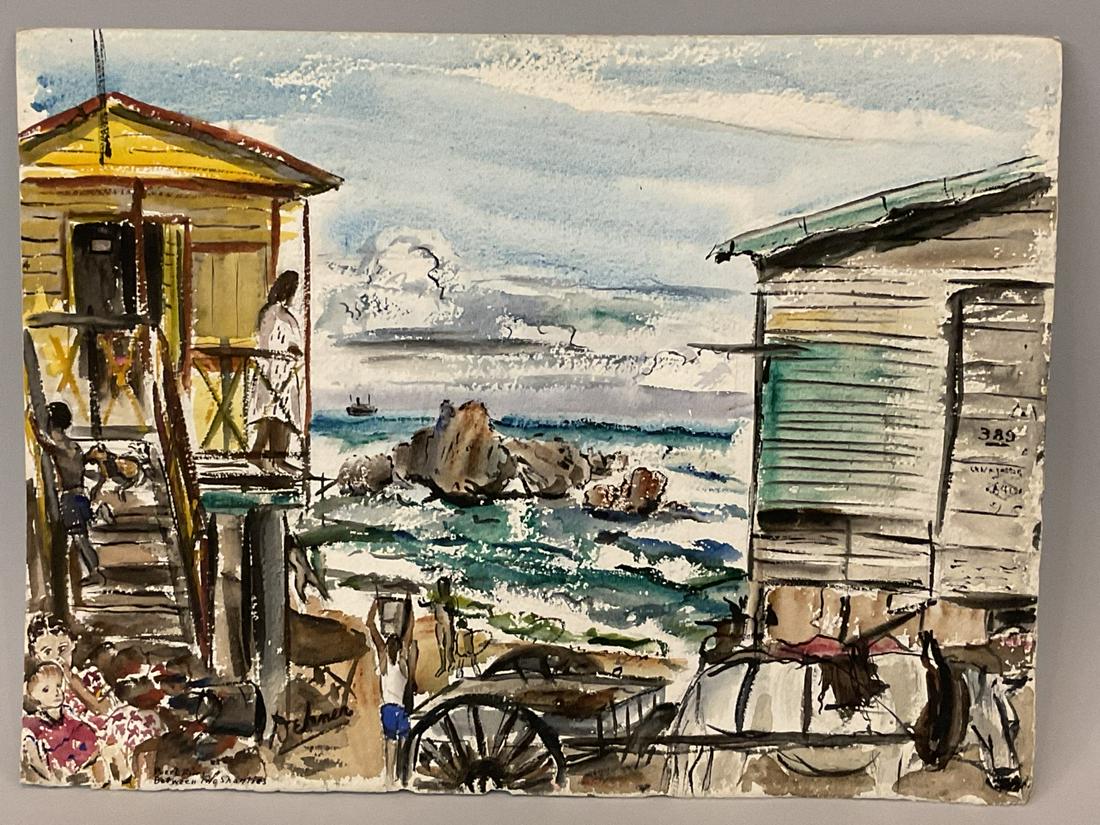 Walt Dehner Signed Two-Sided Watercolor Painting of Puerto Rican Culture: Walt Dehner (American, 1898-1975) Two-Sided Watercolor on paper. Puerto Rico: Black and Tan (Signed on lower left) Puerto Rico: Between Two Shanties (Signed on lower left)Dimensions: 20" x 15".