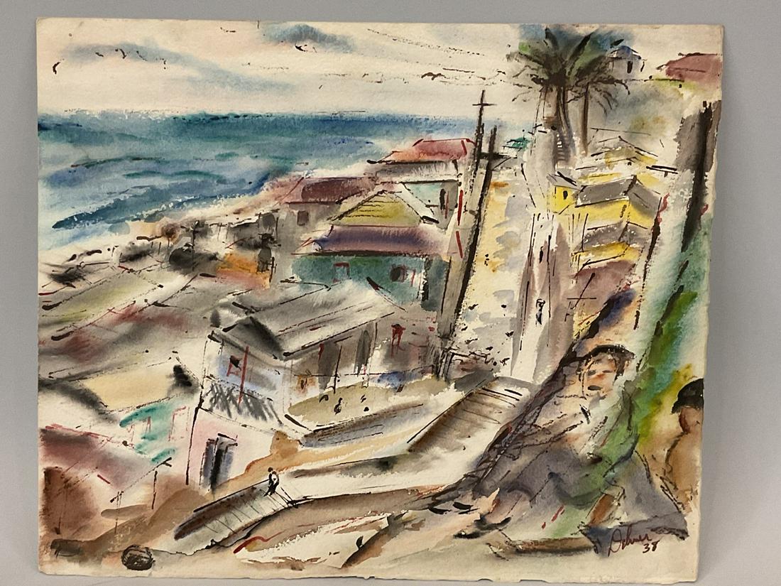 1938 Walt Dehner Signed Overlooking La Perla, Puerto Rico: Walt Dehner (American, 1898-1975) Overlooking La Perla Old San Juan, Puerto Rico. Created 1938 Watercolor on paper. Signed on lower right Dimension: 19 3/4” x 16 1/2”