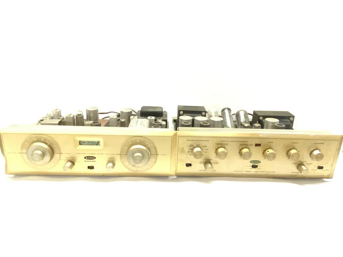 Two Piece Vintage H.H. Scott Stereo and Amplifier: Vintage H.H. Scott Stereo and Amplifier Stereomaster Type 330-C Stereo AM-FM (Does power on) Sold As Is Type 210-F Dynaural Laboratory Amplifier (Does not power on) Dimensions: 4 1/2” x 15”
