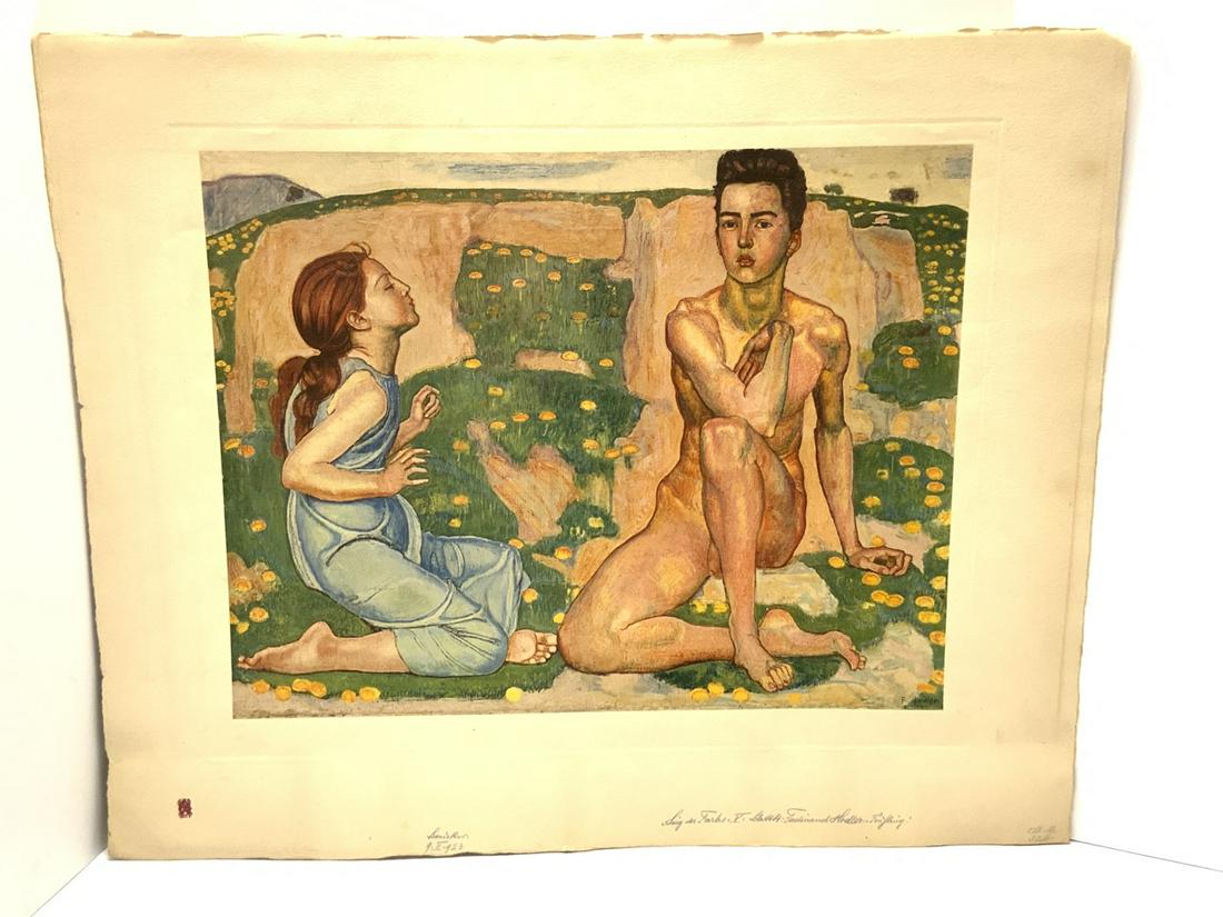 F. Hodler, Fruhling: Ferdinand Hodler: Fruhling Print on paper. Dimensions: 21 1/2” x 27 1/4” Seal Photographi Berlin Gesellschaft Reverse Foxing, outer staining. Image good.