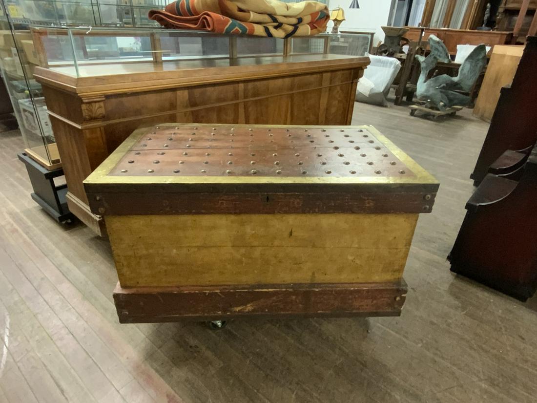 Connecticut Carpenter's Chest Tool Box Woodworking: An antique carpenter's chest. Large oversize with brass reinforcement. Studded top. A brass plaque centered at top readls E.A. Foster Ridgefield, CT Interior is filled with drawers an slots to house w