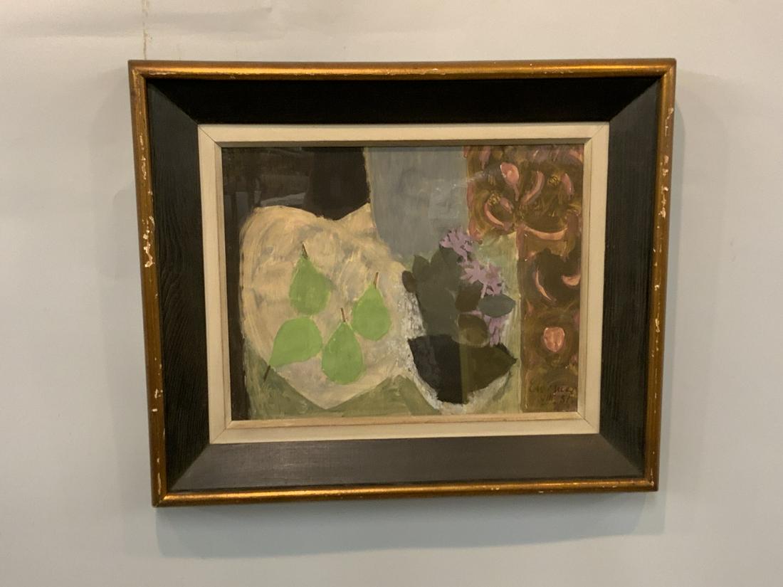 c. 1951 Cubist Still Life Painting Signed Illegibly: Illegibly signed Cubist still life painting framed. c.1951 Dimensions: 13 1/2” x 17 1/2” and 22” x 26”