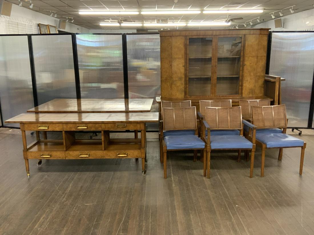 Hollywood Regency Style Dining Room Suite -MASTERCRAFT-: Hollywood Regency Mastercraft dining room suite. Breakfront, Credenza, Table with six chairs. Burlwood veneered tops. Very fine condition. Dimensions: Dining Room Table: 68” x 42 1/4” x 29