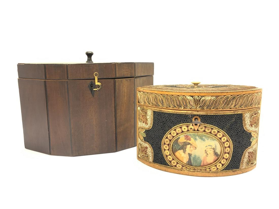 George III English Quillwork and Rolled Paper Tea Caddy: George III period English quillwork and rolled paper tea caddy. Original outer box included with key. Dated 1796 Dimensions: 7.5” x 5” Dimensions: 10” x 5 1/4” (outer box) Most