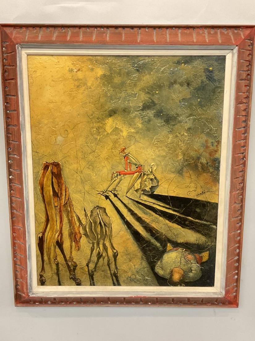 Surrealist, Italian GHEDINI, Arrigo "Don Quixote" Oil Painting: Arrigo Ghedini (Italian, 20th c.) Surrealist style "Don Quixote" Oil on masonite board. Dimensions: 29 1/2” x 23 1/2” and 37” x 31”