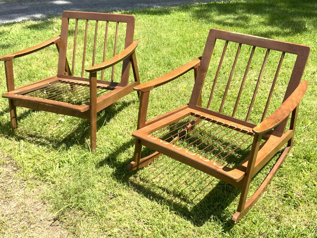 Mid century rocker And Arm Chair: Mid Century Rocker and Chair. Made in Yugoslavia. Dimensions: 26” x28” x 28” Yugoslavia