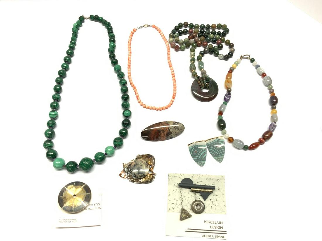 Malachite, Amethyst, Carnelian, Coral, etc Stones Jewelry Lot: Estate compiled jewelry. Malachite and amethyst bead necklace, carnelian, pink coral, and other related jewelry as seen in photograph preview.