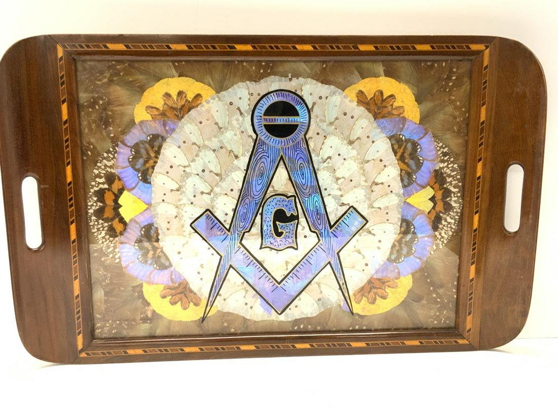 Rare Art Deco Butterfly Tray w/ Masonic Symbol: A rare Art Deco period butterfly tray with Masonic Symboll being made at ot all butterfly wings. Fine condition. Dimensions: 13” X 20 1/4”