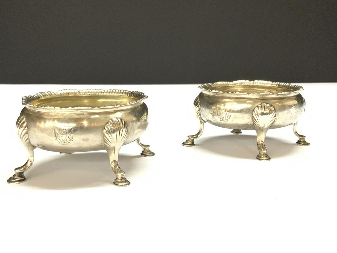 A Pair, English Georgian Silver Footed Salt Cellars: A fine pair of Georgian silver table salts. "Thomas Lord Busby" (1782-1838) English c.1800. Dimensions: 2 3/4" X 2 1/4" X 1 1/2" Total weight: 4.01 troy ounces