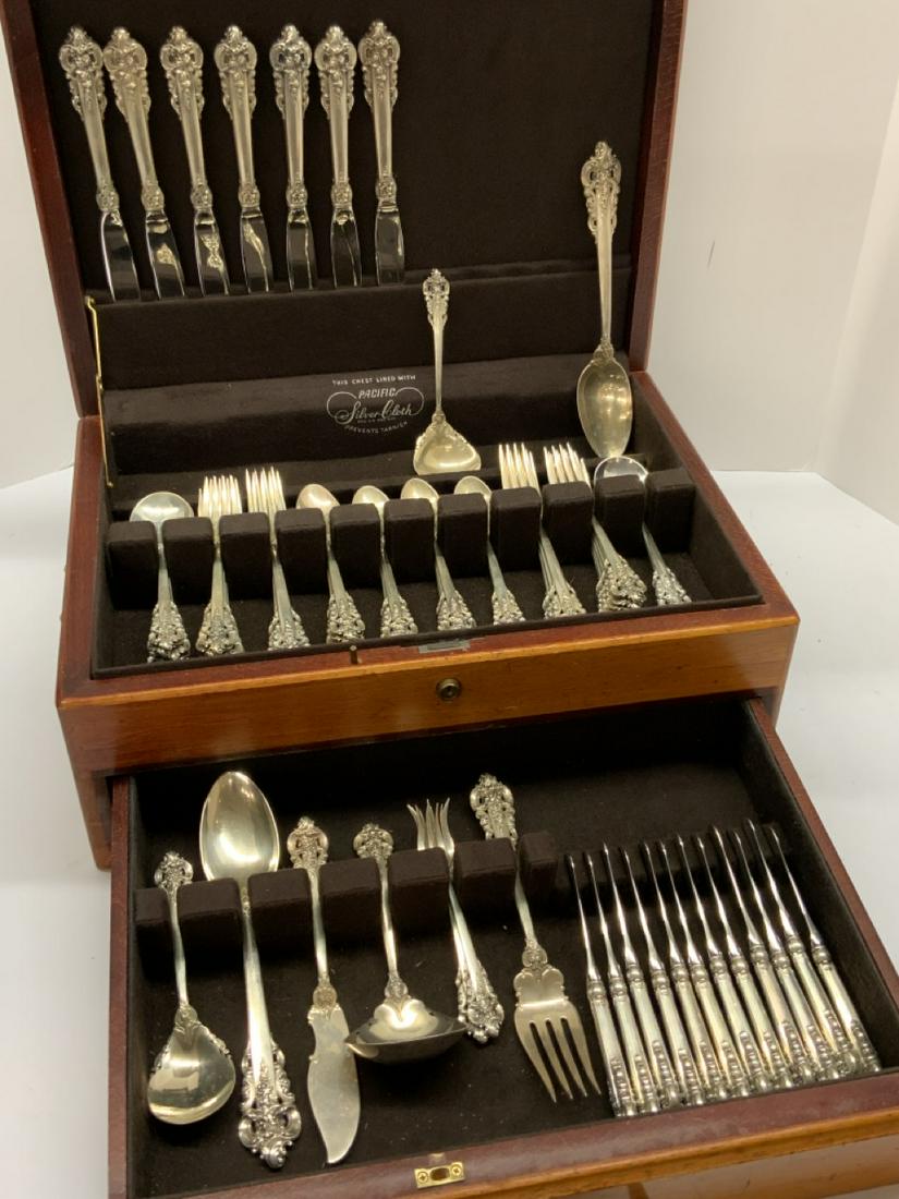 Wallace Grand Baroque Sterling Silver Flatware 66Pc.: Wallace Grand Baroque Sterling Silver Flatware 66Pc. 13 Tea Spoons 8 Soup Spoons 12 Salad Forks 6 Dinner Forks 3 Appetitzer Forks 1 Dessert Knife 1 Cream Spoon 2 Vegetable Spoons 1 Serving Fork Total 