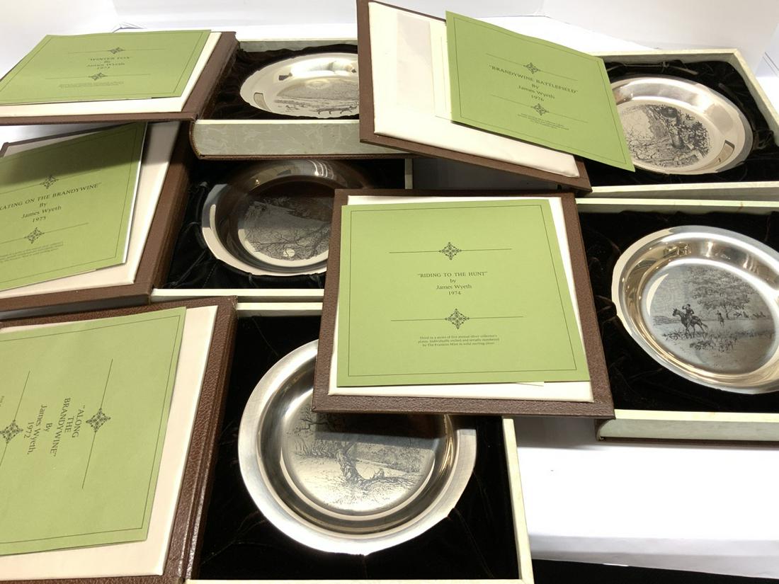 James Wyeth Sterling Silver Plate Collection: Collection of James Wyeth sterling silver plates. Five (5) Pieces with original boxes. Franklin mint c.1970's. Total weight: 29.075 troy ounces