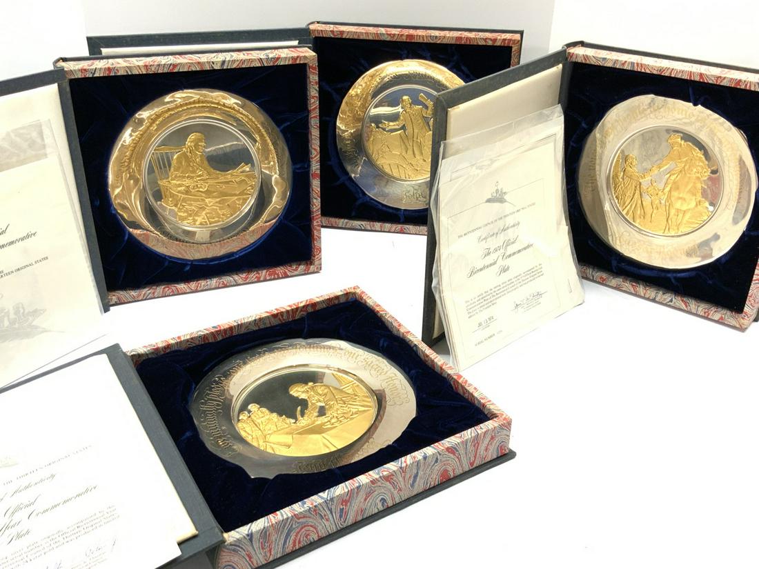 Franklin Mint Sterling Silver Bicentennial Plate Collection: Franklin Mint Sterling Silver Official Bicentennial Commemorative Plates c.1973-1976. Four plates in total. A nice historical collection of early American history. Total weight:30.898 troy ounces Dime