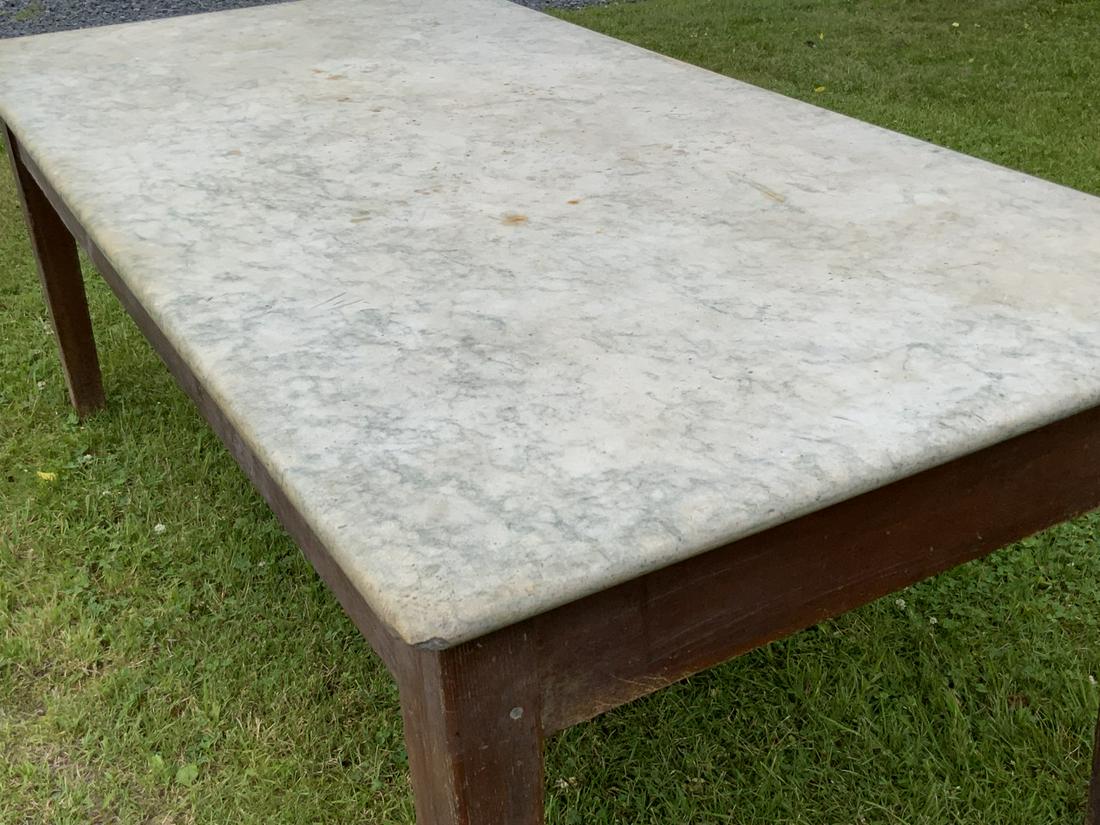 Antique Country Marble Top Farm Table, 19th century: A 19th c. Country Rectangular Marble Top Farm Table. Dimensions: 30"h X 72" X 36 1/4"