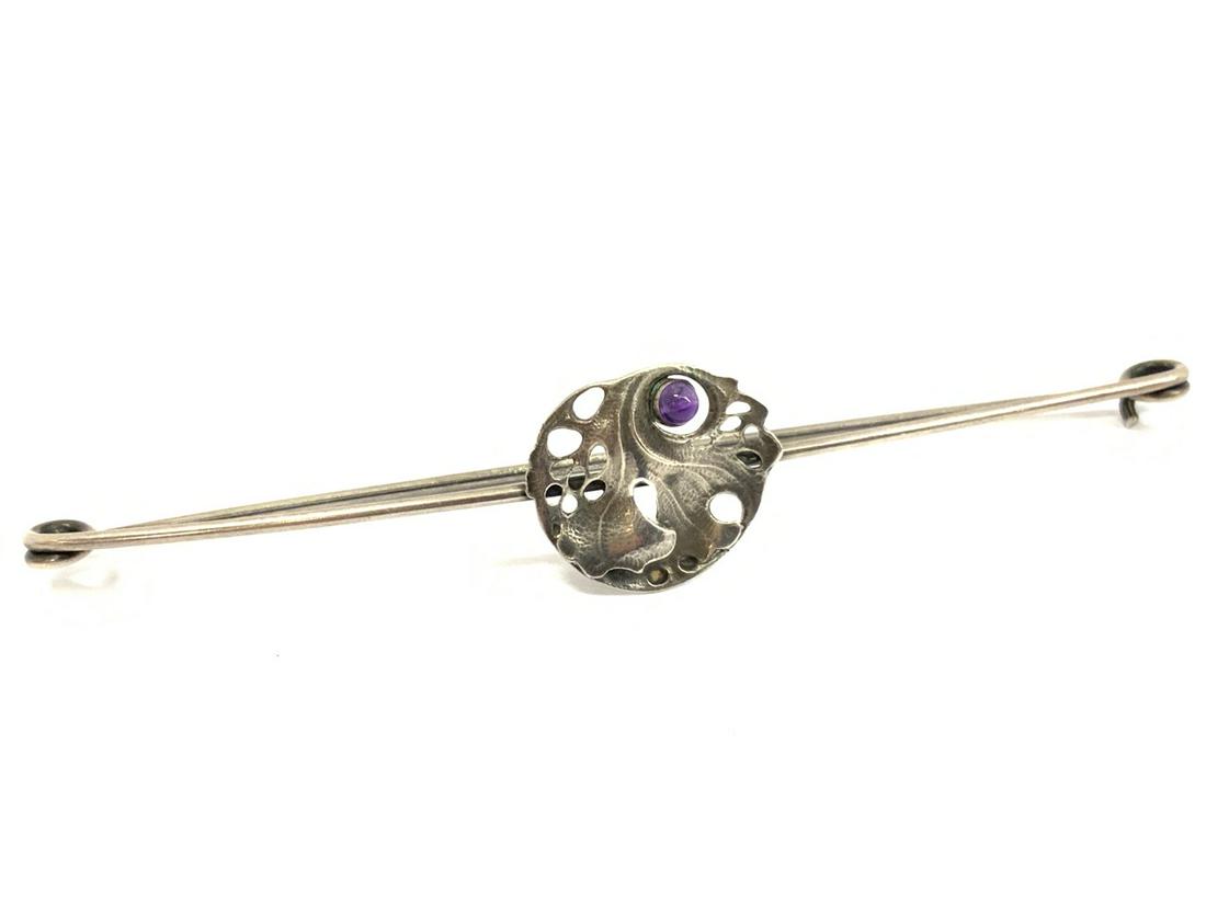 Theodor Fahrner (Germany 1868-1909) Amethyst Pin: Theodor Fahrner Germany 1868-1909 Reg D 950 Amethyst Cobishon Sterling Silver Safety Pin 5 3/4” x 1” Total weight: 17.08 g
