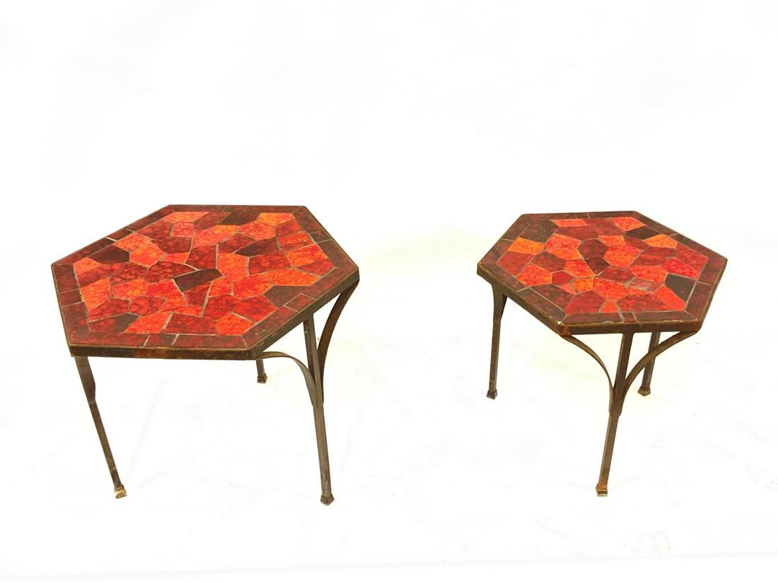 Two (2) 1950's Tile Top Nesting Tables.: Two (2) 1950's Tile Top Nesting Tables. Red and black. Dimensions: 17” x 20” and 15” x 17”