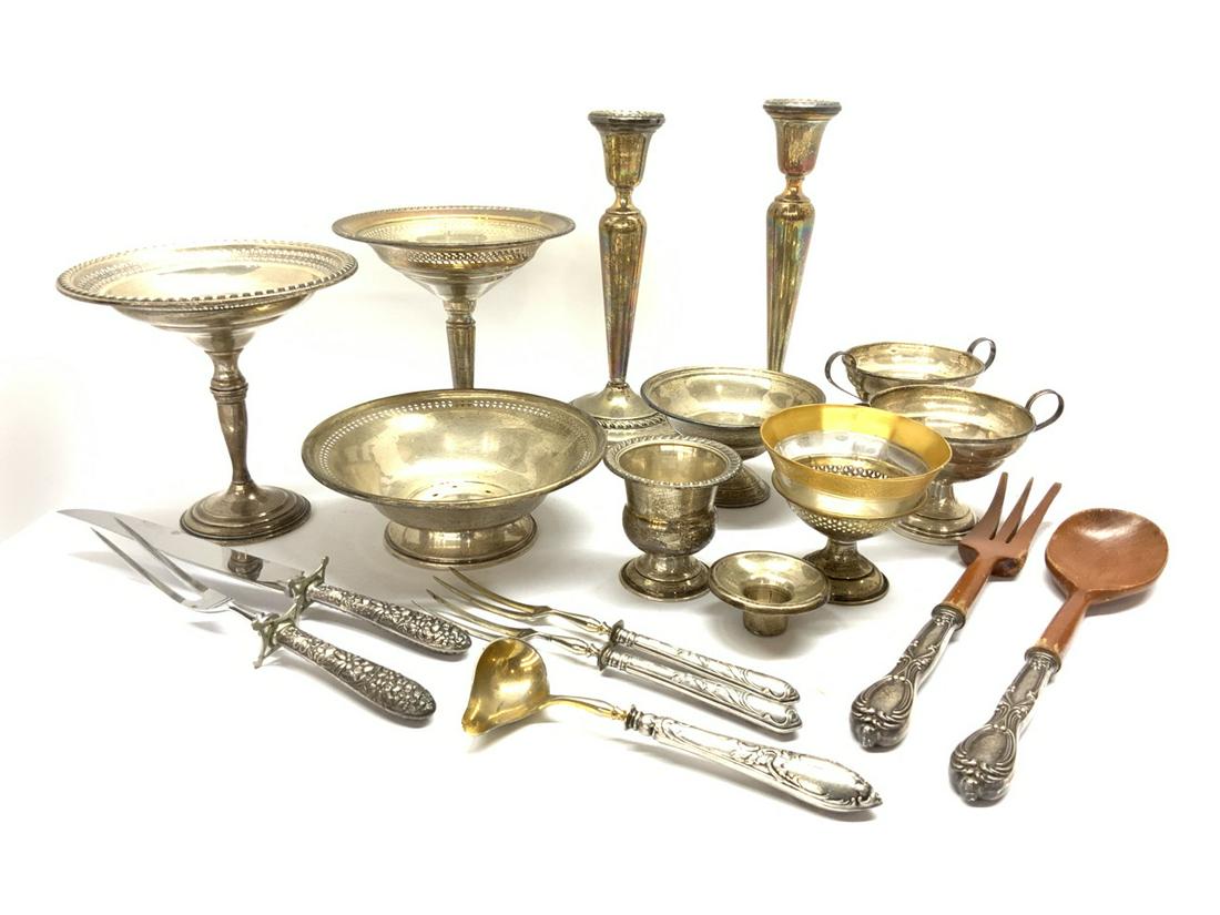 Sterling Silver Tablewares Lot: Large lot of Weighted Sterling Silver with some Sterling and Sterling Handled Serving Utensils. Photo1: Entire lot Photo2: Weighted silver items Photo 3: Sterling Silver items Photo 4: Sterling & 800
