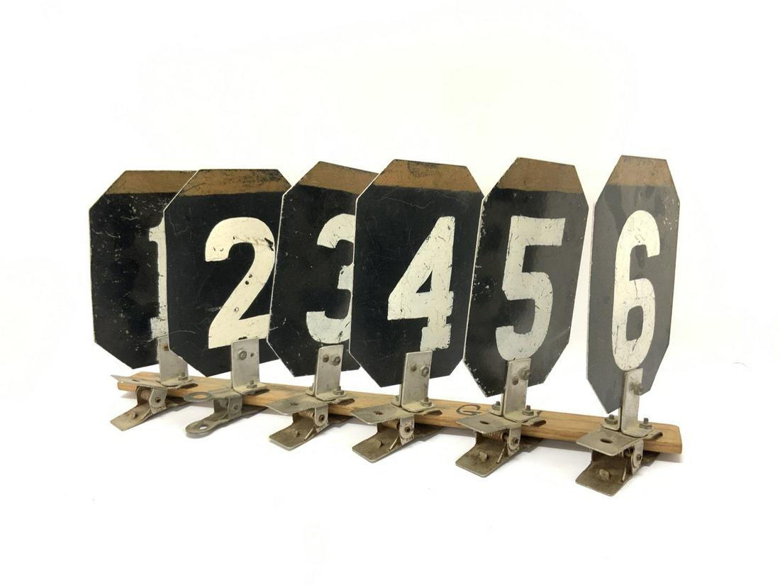 Vintage Painted Metal Equine Horse Race Number Clips: Vintage Painted Metal Equine Horse Race Number Clips Dimensions: 7” x 5” Each number panel is painted on both sides and mounted on a heavy duty spring loaded clip.