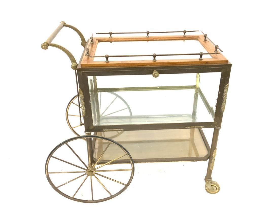 A Fine French Bronze Bar Or Tea Service Trolley Cart: A fine brass or bronze and beveled glass bar or tea cart. French early 20th century. Dimensions: 26" X 16" X 31 1/2"