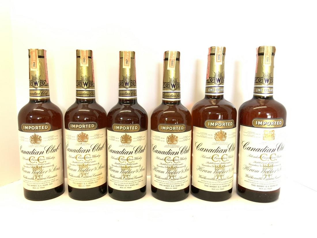Collector Bottles Six (6) Qty Canadian Club Hiram Walker & Sons Whiskey, 60's & 70's: Collector Bottles Six (6) Qty Canadian Club Hiram Walker & Sons Whiskey. Sealed! Estate Found! 1964,1965,1976,1970 (2), 1973.Please note we will not ship this lot.