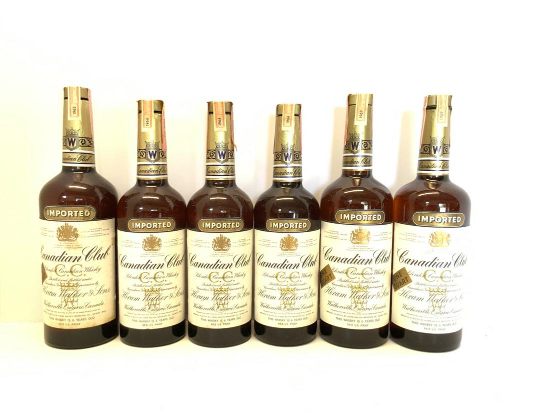 Collector Bottle Six (6) Canadian Club Hiram Walker & Sons Whisky 60's & 70's: Collector Bottle Six (6) Canadian Club Hiram Walker & Sons Whisky . 1963,1964 (2),1966;1967;1969.Sealed! Estate Found!Please note we will not ship this lot.