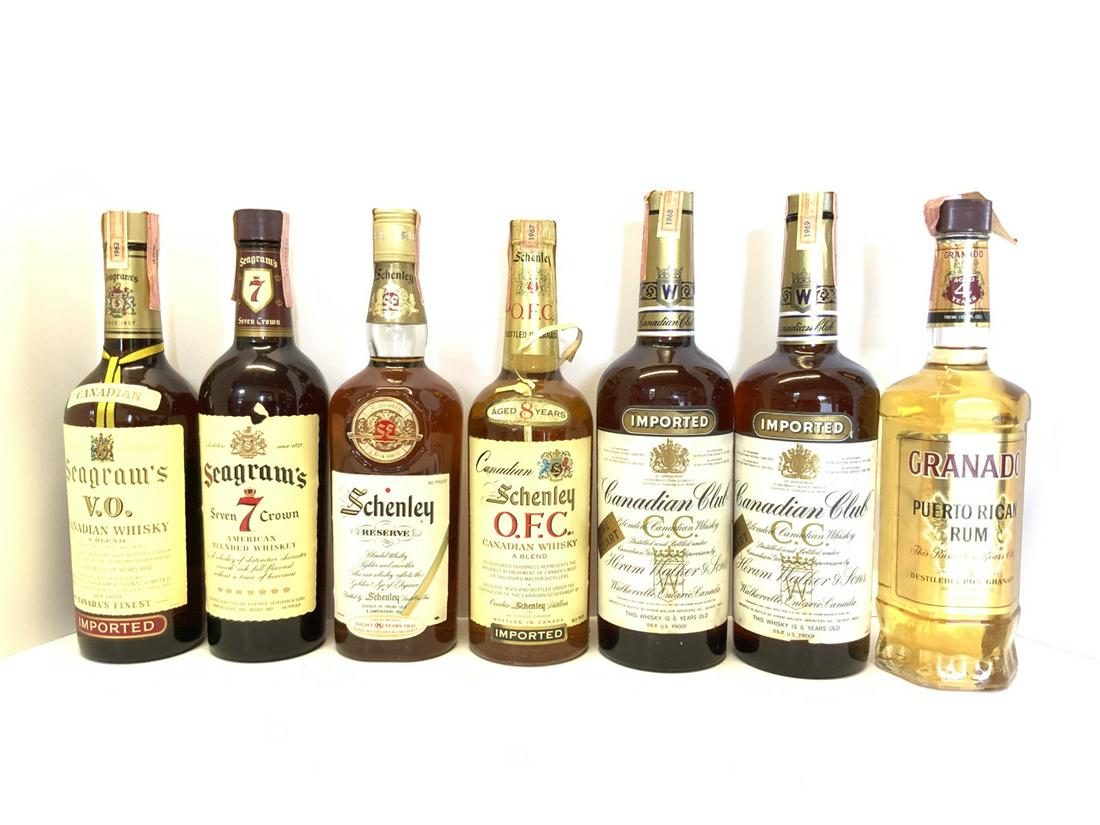 Estate Bottled Whiskey & Rum Collection: Collector Bottle Seven (7) Qty Seagram’ s V.O. Whiskey, Seven Crown,Scenley Reserve, Schenley O.F.C Whisky,Canadian Club Hiram Walker & Sons (2),Granado Puerto Rican Rum.Sealed! Estate Found !Pl