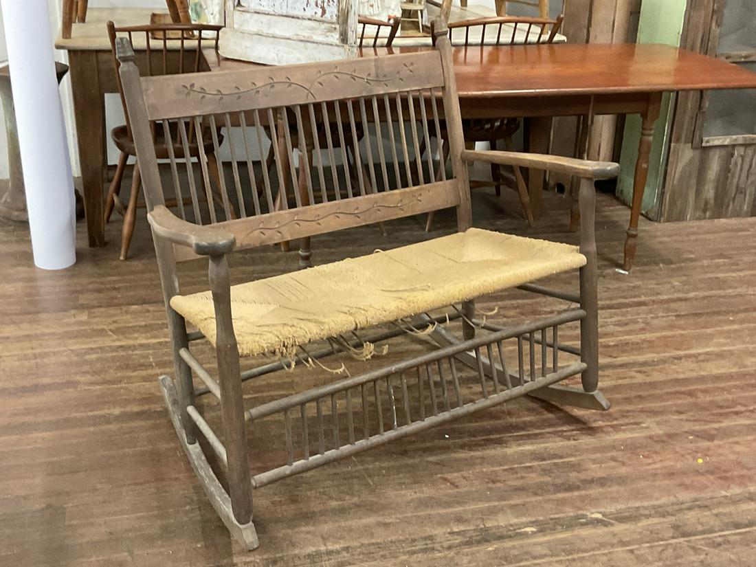 Primitive Rocking Bench: A primitive rocking bench seat. Porch rocker probably from a camp. Dimensions: 37” x 42” x 21”