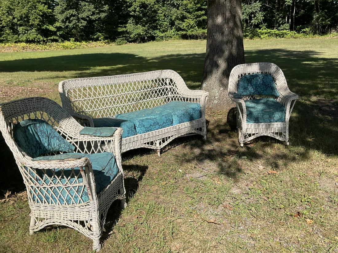 Three (3) Piece Antique Wicker: Three (3) piece antique wicker sofa, rocker and lounge chair. Early 20th century. Overall very good.