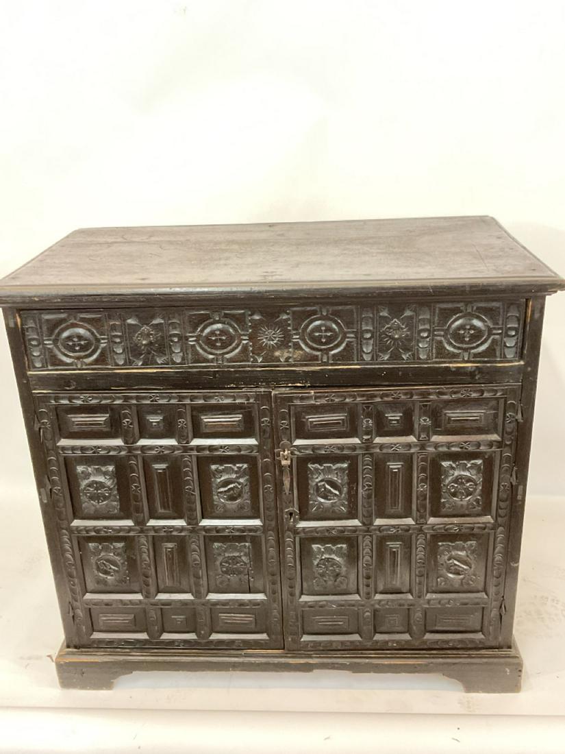Antique English Renaissance Style Two Door Cabinet: Antique English Renaissance cabinet. One drawer over two doors. 16th/17th c. Cargo style pulls on each side. Dimensions: 38” X 41 1/2” x 22 1/2”