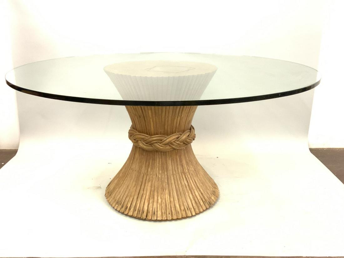 Sheaf Of Wheat Pedestal Table by McGuire: A McGuire "Sheaf Of Wheat" dining room table. Dimensions: 60" diameter glass and 3/4" thick , Sheaf Of Wheat Is 23 3/4" d and 28"height. Mid Century Modern Decor.