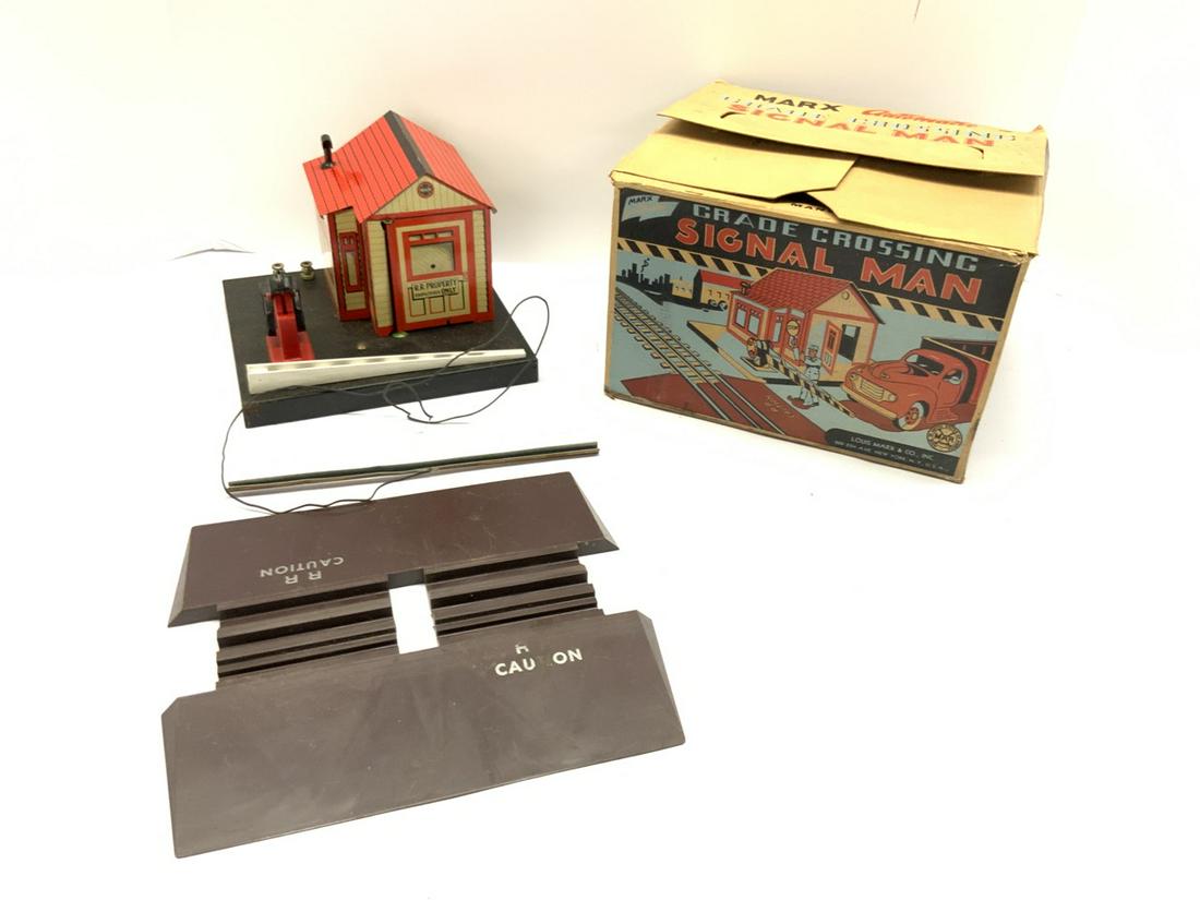 Vintage Marx Tin Railroad Crossing Toy In Box: Vintage Marx Automatic Grade Crossing Signal Man in Original Box