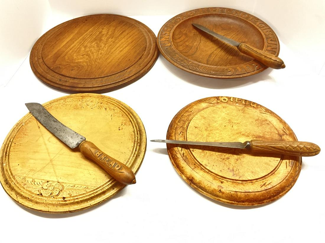Antique Collection Of Bread Boards: Antique Wooden Bread Boards (4) and 3 Wooden Handled Knives Dimensions: 13”, 12 1/2”, 10 1/2” and 9 1/2”