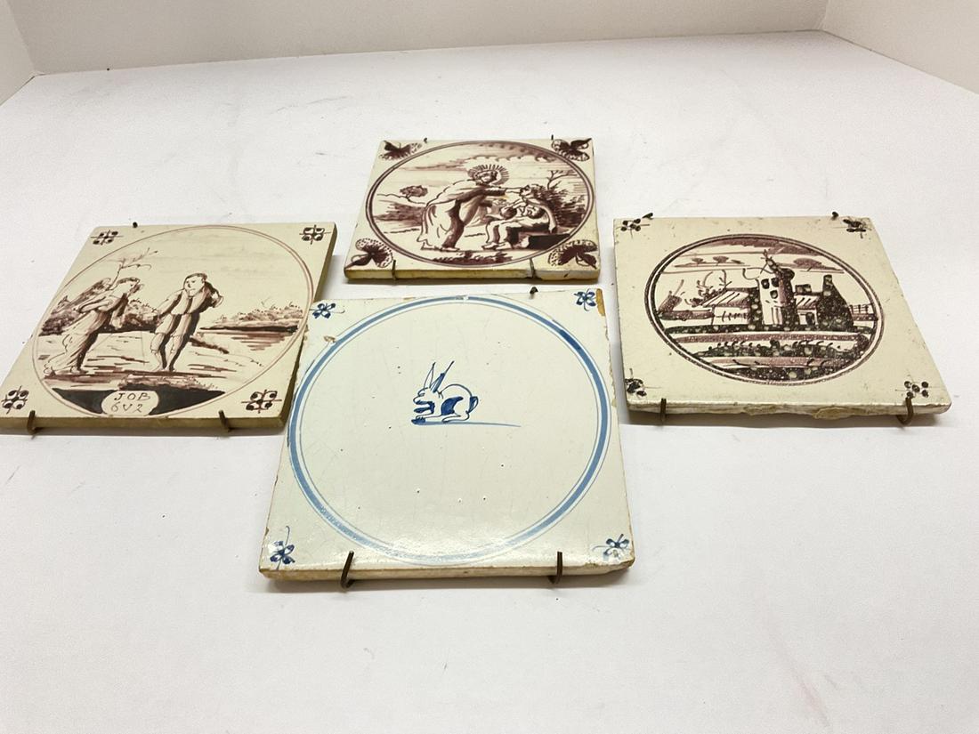 Four (4) Antique Delft Tiles: Collection of four antique (4) Delft tiles. Dimensions: 5 1/4" square.