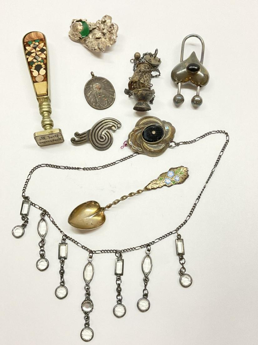 Estate Compiled Russia, Mexican, American and Antique Jewelry: Compiled estate jewelry including antique crystal festoon style necklace, Castillo Taxco sterling pin, small anitque Russian icon pendant in silver etc. As seen in photograph preview.