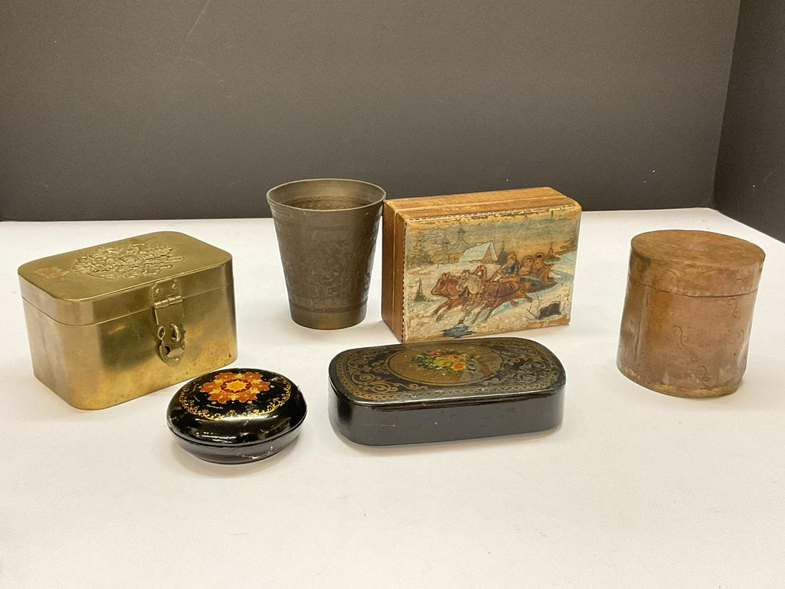 Estate Compiled Russian Antique Objects: Compiled estate Russian objects. As seen in photograph preview. Brass and lacquered boxes.