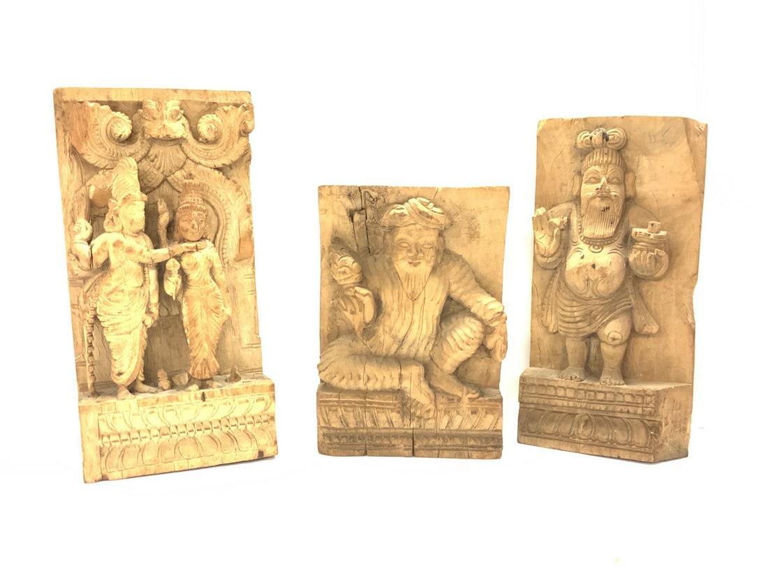 Three (3) Antique Indian Hindu Temple Wood Carvings: Three (3) Hindu Wood Carvings. Shiva & Parvati Dimensions: 12 1/2" tallest