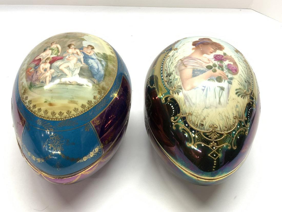 Royal Saxe German Porcelain Egg Boxes: Two (2) Royal Saxe German porcelain egg boxes. Dimensions: 9"