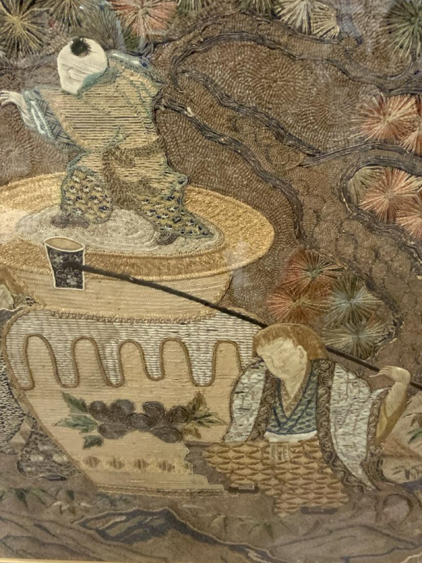 Japanese Meiji Period (1868-1912) Embroidered Silk Panel: Japanese Meiji period (1868-1912) embroidered silk panel, embroidered with silk yarns and metallic gold leaf wrapped threads in couching, knotting, and satin stitch with a design of two mythical Shojo