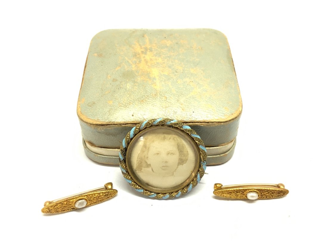 Two (2) 14K Gold Baby Pins And Gold Filled Enameled Locket: Two (2) 14K Gold Baby Pins And Gold Filled Enameled Locket