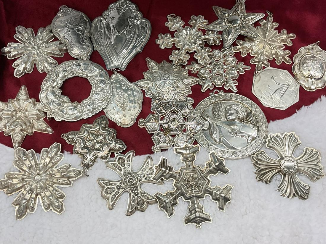 Twenty (20) Sterling Silver Christmas Tree Ornaments: Twenty (20) Assorted sterling silver Chistmas tree ornaments. Reed & Barton, Towle, Wallace, Lunt, Gorham Etc. 1970's to Early 2000's Era.Total weight: 14.0365 troy ounces
