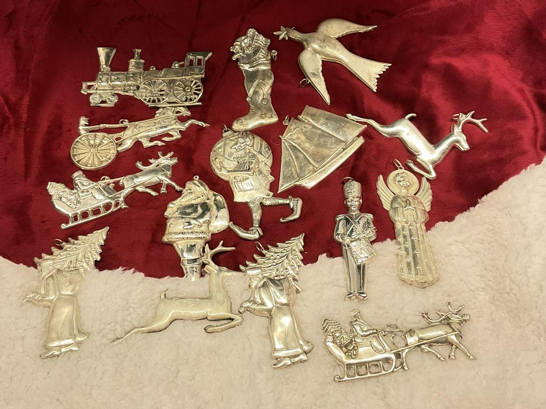 Fifteen (15) Gorham Sterling Silver Christmas Tree Ornaments: Fifteen (15) Gorham Sterling Silver Christmas Tree Ornaments. All marked Gorham. Total weight: 9.643 troy ouncesDimensions: 4" Approx.
