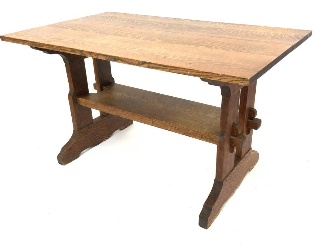 Signed Gustav Stickley Library Trestle Oak Trestle Table: Gustav Stickley Library Style Trestle Table. Original paper label Craftsman Furniture... still present at underside of table top. Very fine condition. Please see photograph preview. Unknown original f