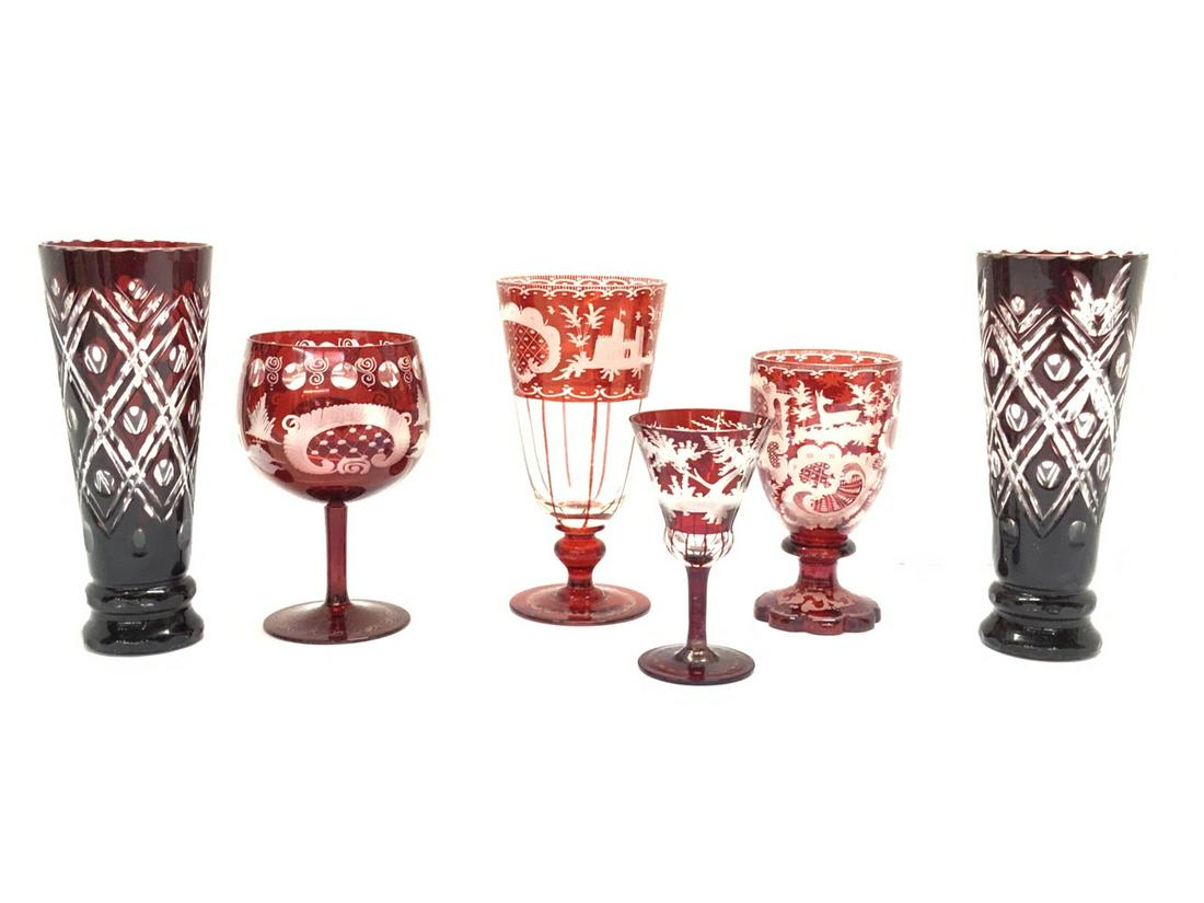 Czech Bohemian Ruby Etched Glass Grouping: Six (6) Czech Bohemian Ruby Etched Glass Goblets And Vases. Late 19th or early 20th century. Dimensions: 7 3/4" highest