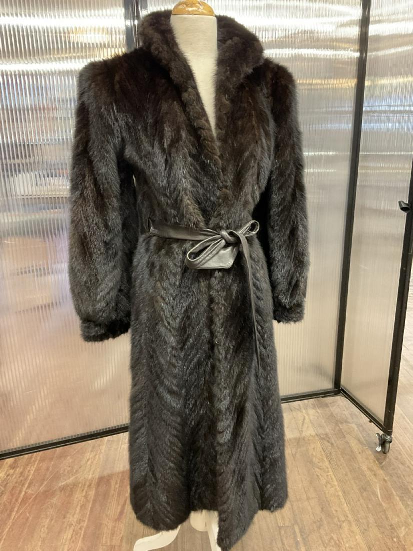 Vintage Chevron Mink Coat: Vintage Chevron mink coat with leather belt. Fine condition. Size XS-S.