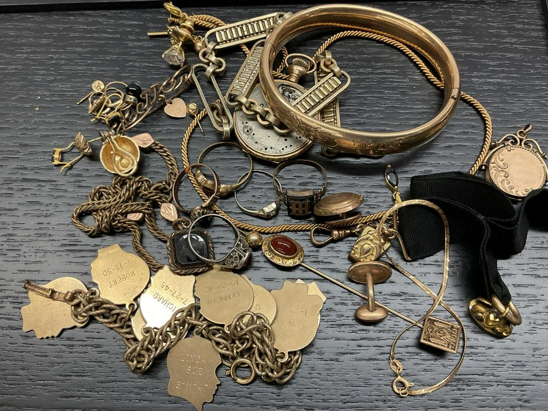 Estate Compiled Jewelry, Gold Filled, Gold, Watch Fobs Etc.: Estate Compiled Jewelry, Gold Filled, Gold, Watch Fobs Etc.. Gold filled charm bracelet, small 14K bracelet, pocket watch for parts, 10K pin and more
