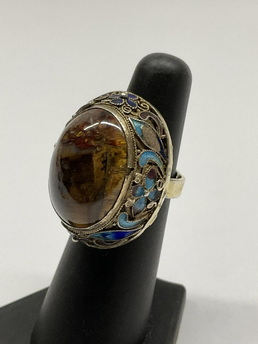 Chinese Sterling Silver Enamel Ring: Chinese enamel gemstone ring. adjustable. Marked 925. Ring has some loss to enamel. Please see photograph preview or call.