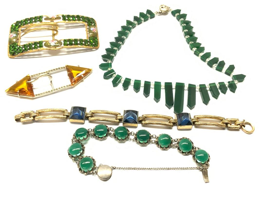 Estate Vintage Costume Jewelry Group: A nice compiled group of estate jewelry including Victorian sash or belt buckle, Czech glass buckle, green glass necklace with sterling clasp etc. Very good condition. Please see photograph preview or
