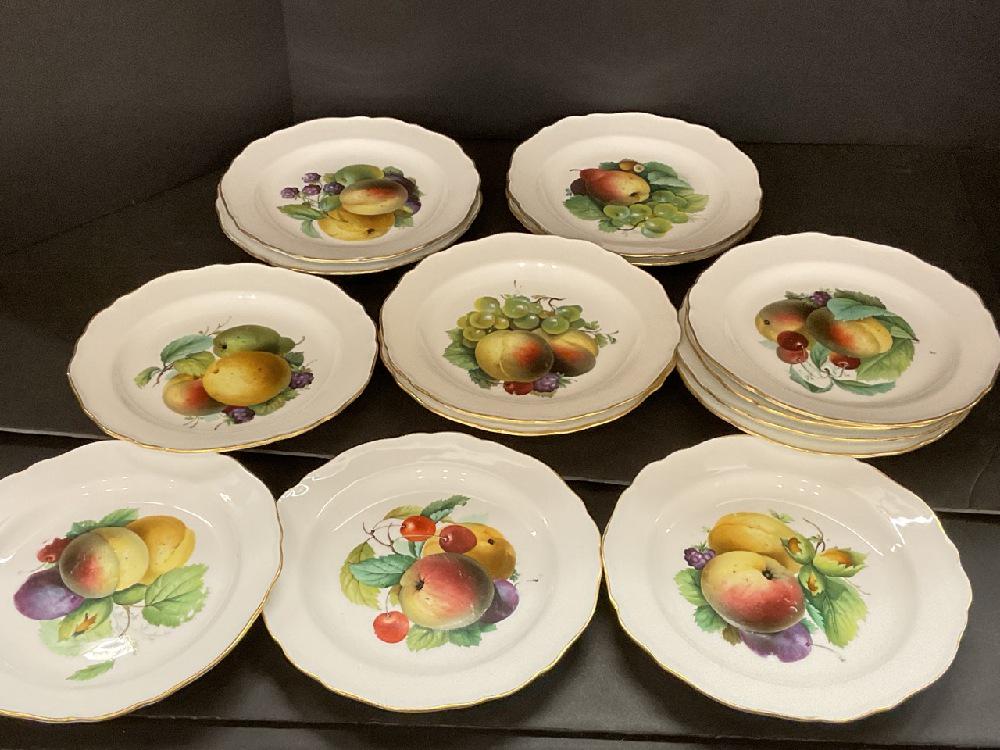 Fourteen (14) Meissen Porcelain Fruit Plates: Fourteen (14) Meissen Fruit Plates. One has edge chips as seen in photograph preview and some loss to decoration from use. Overall a very fine set. Dimensions: 8"d